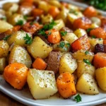 Oignons, Carottes et Pommes de Terre Rôtis au Four